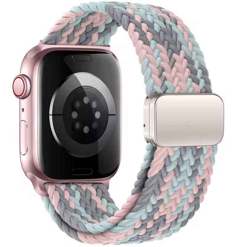 بند اپل واچ پارچه ای کشی با قفل آهنربایی صورتی هفت رنگ